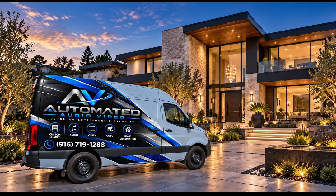 Automated Audio Video service van outside a contemporary home